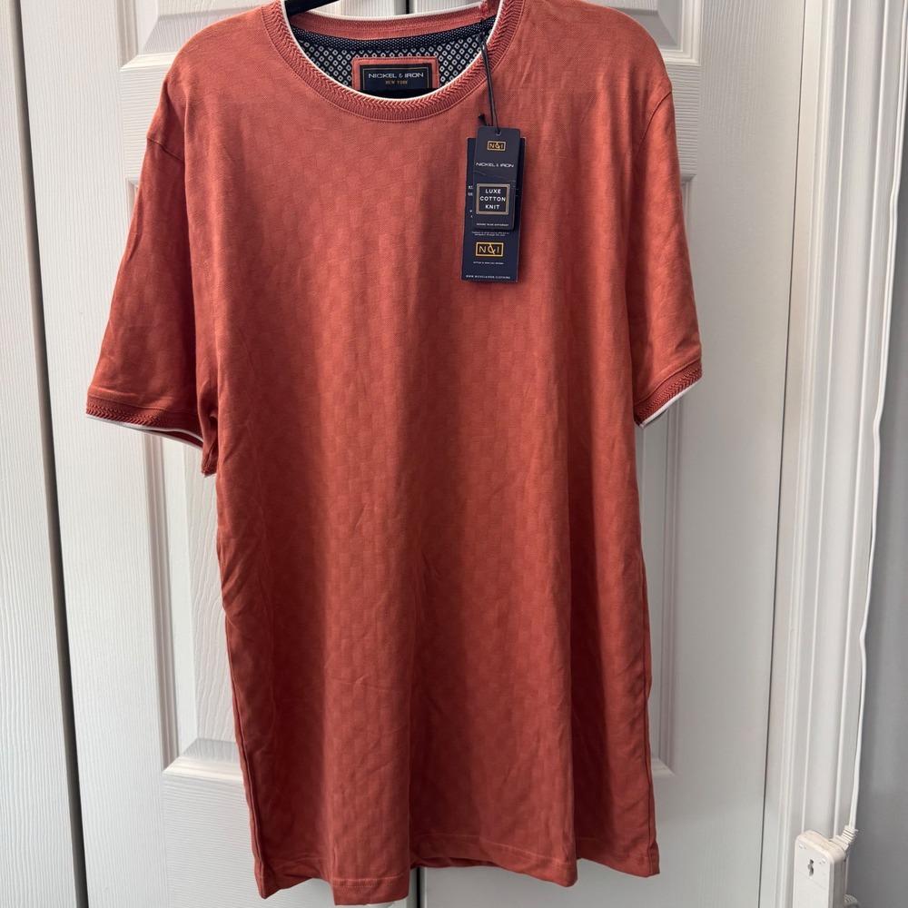 Nickel & Iron Luxe Cotton Knit T-Shirt Mens Large Dark Coral Textured Jacquard